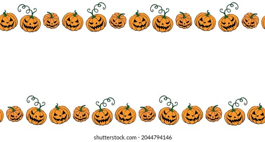 Background, frame for Halloween. Horizontal top and bottom edging, border of festive elements and characters - Jack lantern, pumpkin. Background for greeting card, invitation, party poster, banner