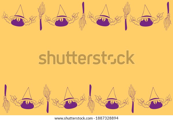 Background, frame for Halloween. Horizontal\
top and bottom ending, border of witch icons and brooms. Backdrop\
for greeting card, invitation, party poster, banner. Theme of power\
girl and\
celebration