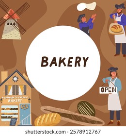 Background, frame, hand drawn bakery, people characters, windmill, bakery shop. Vector background, backdrop , hand drawn illustration.