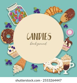 Background, frame, hand drawn sugar addiction, candies, sweets, hand drawn vector illustration.