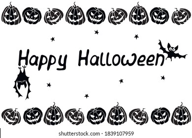 Background, frame for Happy Halloween with bats. Horizontal border of festive icons - Jack lantern, pumpkin. Background for greeting card, invitation, party poster, banner