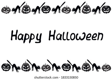 Antecedentes, marco para Feliz Halloween. Borde horizontal superior e inferior, borde de personajes festivos - linterna de Jack, calabaza, gato negro. Antecedentes de la tarjeta de saludo, invitación, cartel del partido, cartel