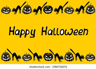 Background, frame for Happy Halloween. Horizontal top and bottom edging, border of festive characters - Jack lantern, pumpkin, black cat. Background for greeting card, invitation, party poster, banner