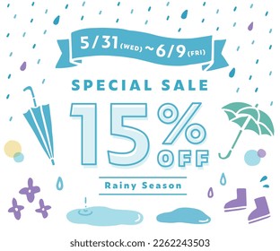 Background (frame) illustration for rainy season banner ad.
There are illustration icons such as ribbon, umbrella, boots, rain and hydrangea.