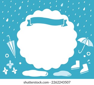 Background (frame) illustration for rainy season banner ad.
There are illustration icons such as ribbon, umbrella, boots, rain and hydrangea.