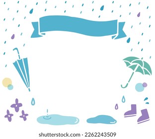 Background (frame) illustration for rainy season banner ad.
There are illustration icons such as ribbon, umbrella, boots, rain and hydrangea.