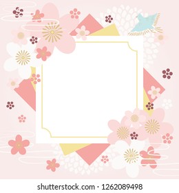Background frame illustration of spring flowers, Japanese retro style