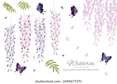 Background frame illustration of wisteria flowers and butterflies painted in watercolor
