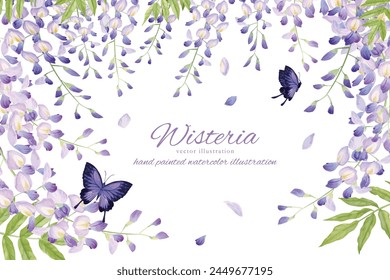 Ilustración de fondo de flores de glicinia y mariposas pintadas en acuarela
