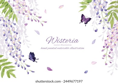 Ilustración de fondo de flores de glicinia y mariposas pintadas en acuarela
