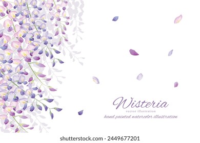 Background frame illustration of wisteria flowers and butterflies painted in watercolor
