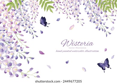 Background frame illustration of wisteria flowers and butterflies painted in watercolor
