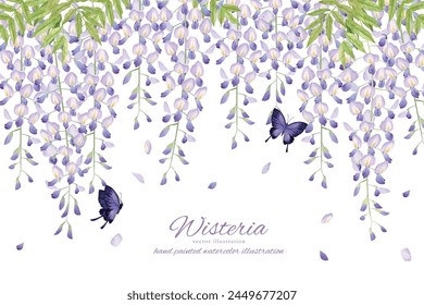 Ilustración de fondo de flores de glicinia y mariposas pintadas en acuarela
