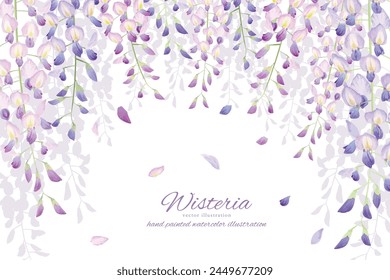 Background frame illustration of wisteria flowers and butterflies painted in watercolor
