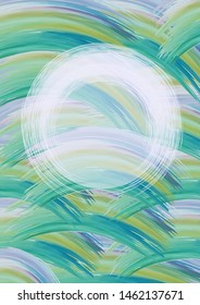 Background frame for inscriptions careless chaotic lines brush spring green and blue color, erased place in the center round