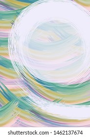 Background frame for inscriptions careless chaotic lines brush spring green and blue color, assimetric wave erased place in the center round