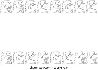 Background, frame with kissing and hugging couple in Line art style. Vector abstract kiss as symbol of love. Horizontal top and bottom edging, border, decoration for Valentine's day, greeting card