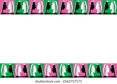 Background, frame with kissing and hugging couple in Line art style. Vector abstract kiss as symbol of love. Horizontal top and bottom edging, border, decoration for Valentine's day, greeting card.