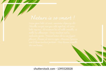 Background with frame and leaves. Flat lay herbs greenery leaf frame border. Top view vector illustration with copy space for text.