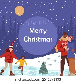 Background, frame, leisure, skating, drinking cocoa, mulled wine, hot drink, couple in love, family, parents, children, hand drawn, winter family trip, activities, vector illustration.