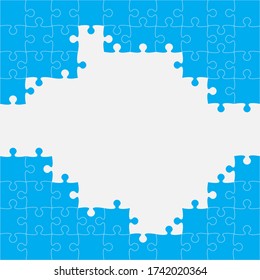 Background frame made with blue pieces puzzle. Vector square banner jigsaw template with particles, details, tiles, parts. Pattern for education and presentation with element piece puzzle.