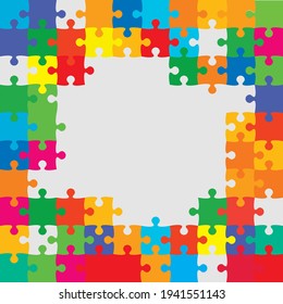 Background frame made with colorful pieces puzzle. Vector square banner jigsaw template with particles, details, tiles, parts. Pattern for education and presentation with element piece puzzle