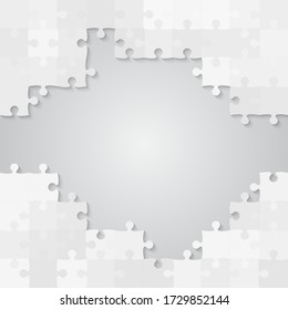 Background frame made with grey pieces puzzle. Vector square banner jigsaw template with particles, details, tiles, parts. Pattern for education and presentation with element piece puzzle.