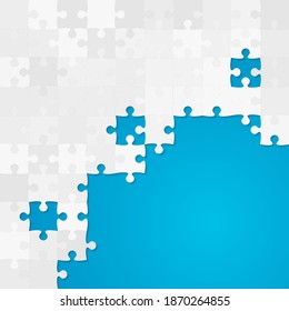 Background frame made with grey pieces puzzle. Vector square banner jigsaw template with particles, details, tiles, parts. Pattern for education and presentation with element piece puzzle