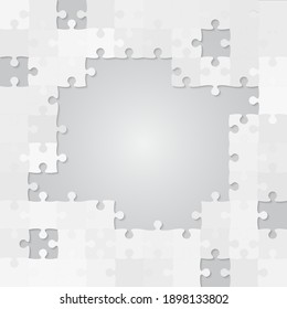 Background frame made with grey pieces puzzle. Vector square banner jigsaw template with particles, details, tiles, parts. Pattern for education and presentation with element piece puzzle