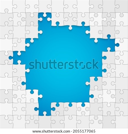 Background frame made with grey pieces puzzle. Vector square banner jigsaw template with particles, details, tiles, parts. Pattern for education and presentation with element piece puzzle