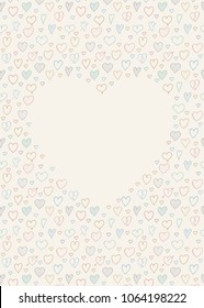 Background with frame made of hand drawn hearts. Template of card for Mother's Day, Women's Day an Valentine's Day. Vector.