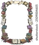 Background frame made of many books and parchments. Bookstore and its assortment. Learning through wisdom and reading. Comic cartoon pop art retro vector illustration hand drawing. On a white