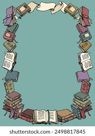 Background frame made of many books and parchments. Bookstore and its assortment. Learning through wisdom and reading. Comic cartoon pop art retro vector illustration hand drawing