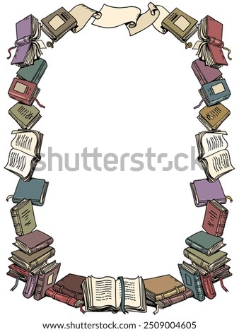 Background frame made of many books and parchments. Bookstore and its assortment. Learning through wisdom and reading. Comic cartoon pop art retro vector illustration hand drawing. On a white
