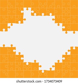 Background frame made with orange pieces puzzle. Vector square banner jigsaw template with particles, details, tiles, parts. Pattern for education and presentation with element piece puzzle.