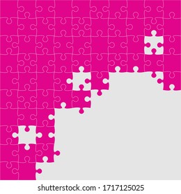 Hintergrund-Rahmen aus rosafarbenen Stücken Rätsel. Vektorillustration quadratische Banner Jigsaw Vorlage mit Teilchen, Details, Fliesen, Teile. Muster für Bildung und Präsentation mit Element Stück Puzzle.