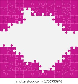 Background frame made with pink pieces puzzle. Vector square banner jigsaw template with particles, details, tiles, parts. Pattern for education and presentation with element piece puzzle