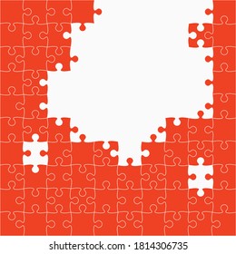 Background frame made with red pieces puzzle. Vector square banner jigsaw template with particles, details, tiles, parts. Pattern for education and presentation with element piece puzzle
