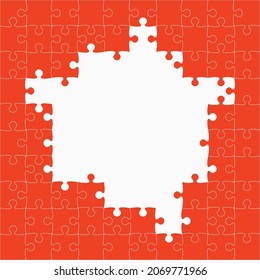 Background frame made with red pieces puzzle. Vector square banner jigsaw template with particles, details, tiles, parts. Pattern for education and presentation with element piece puzzle