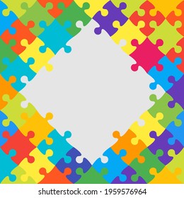 Background frame made withcolorful pieces puzzle. Vector square banner jigsaw template with particles, details, tiles, parts. Pattern for education and presentation with element piece puzzle