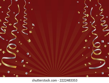 Background frame material with ribbons and confetti flying red, gold and silver