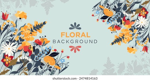 Background frame with meadow and garden flowers and herbs in vector, flat style.