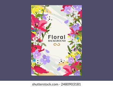 Background frame with meadow and garden flowers in vector, flat style.