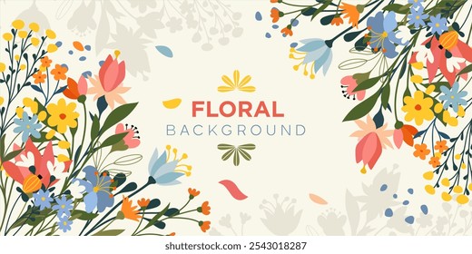 Marco de fondo con flores de prado y jardín y hierbas en Vector, estilo plano.