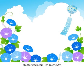 Background frame of morning glory, summer sky, and wind chimes