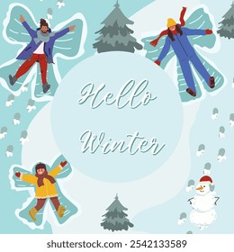 Background, frame, people, the family makes angels in the snow, Hello winter, Hand drawn vector illustration.