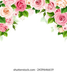 Background frame with pink and white rose flowers. Vector roses card design. Hand-drawn illustration, not AI