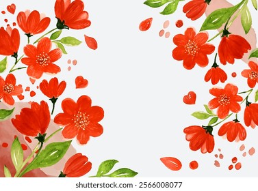 Background frame with red flowers, hearts, branches and leaves in watercolour style in vector.