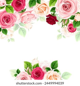 Background frame with red, pink, and white rose flowers and green leaves. Vector rose card design. Hand-drawn illustration, not AI