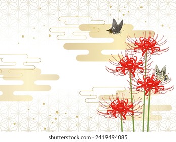 Background frame of red spider lily and swallowtail butterfly Luxury hemp leaves